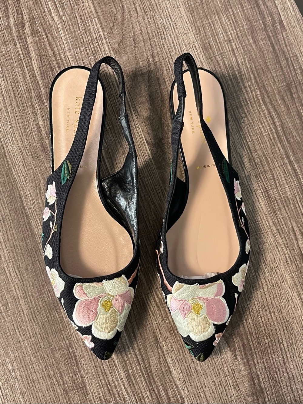 Kate Spade Barnie Black Floral Embroidered Pointed Slingback Flats